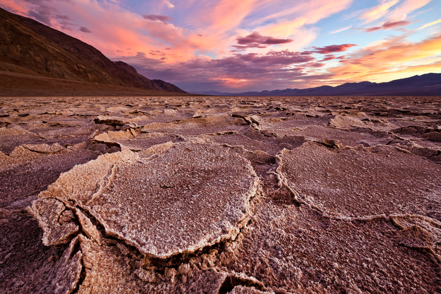 Salt polygon patterns at Badwater Basin at sunset, Death Valley National Park