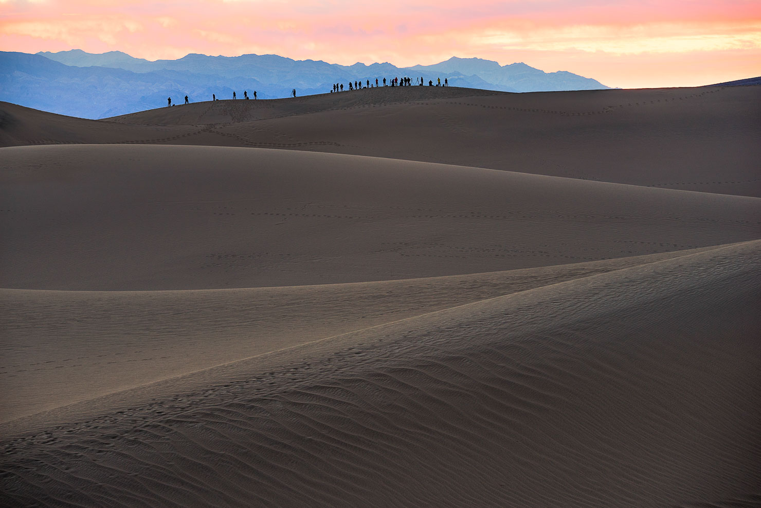 Mesquite Flat Sand Dunes at sunrise with rippled sand, Death Valley National Park