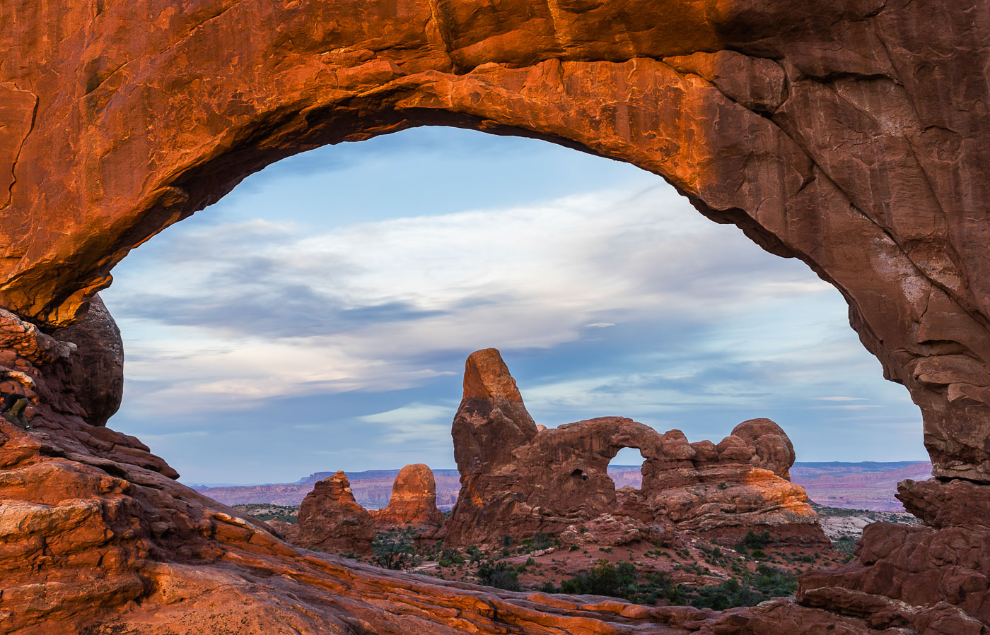 North Window framing Turret Arch at sunset, Arches National Park