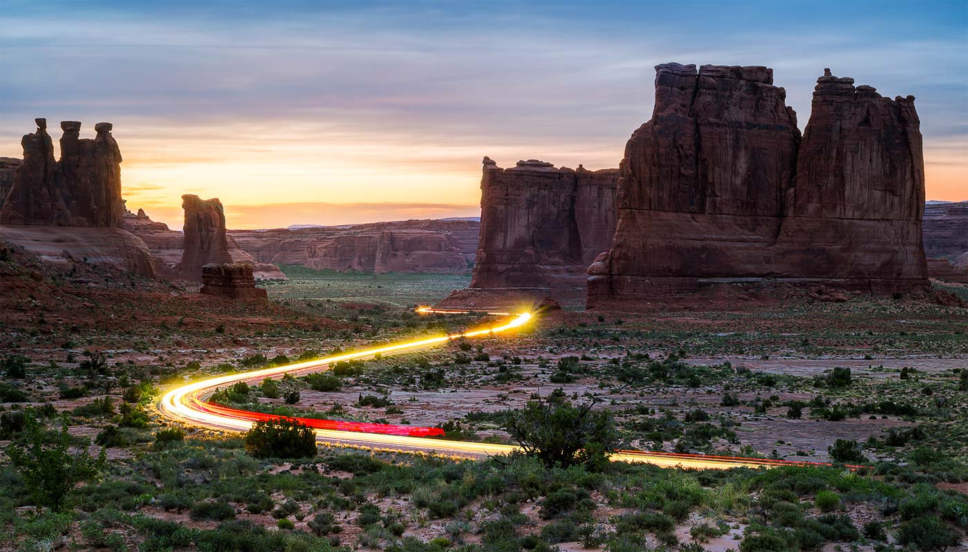 Park Avenue light trails at blue hour with Three Gossips and Tower of Babel, Arches National Park