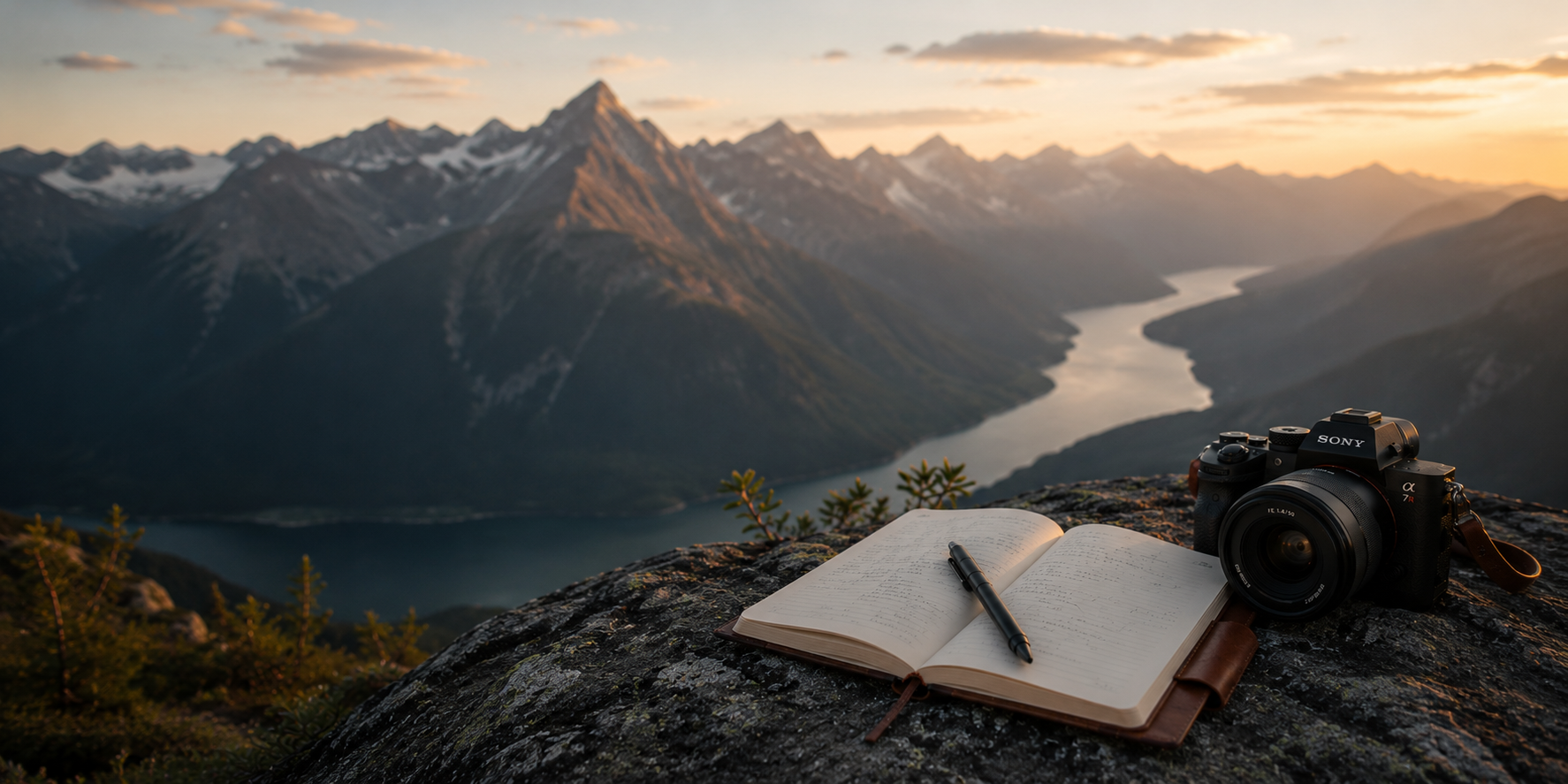Camera, journal and backpack on a mountain summit at sunset