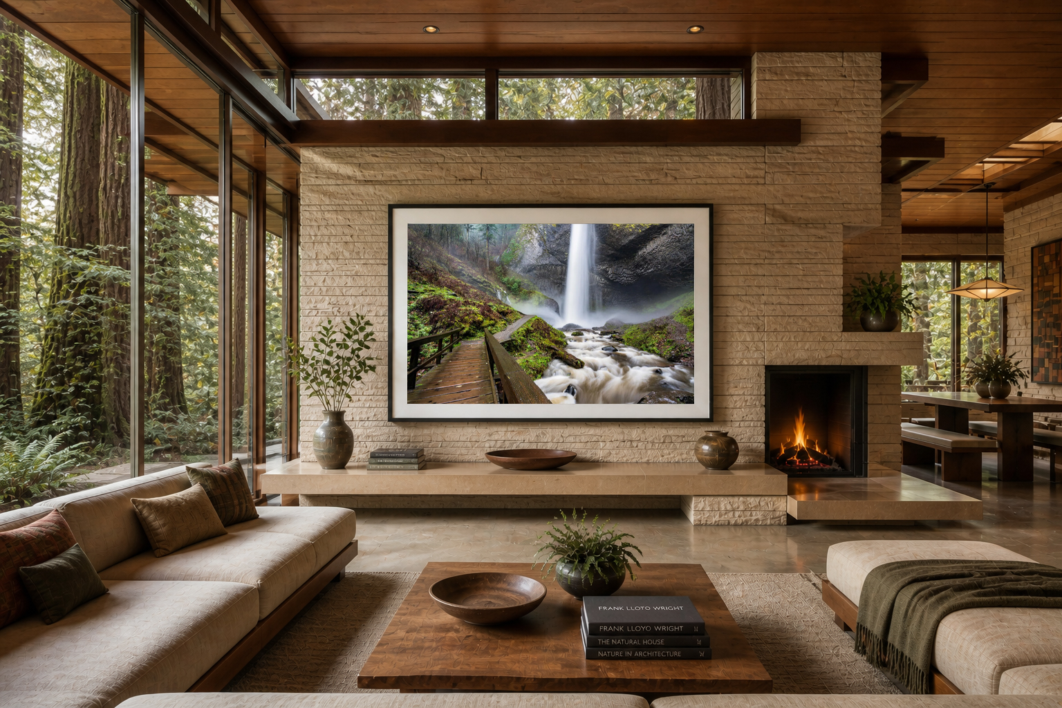 Fine art landscape print displayed in a modern living room